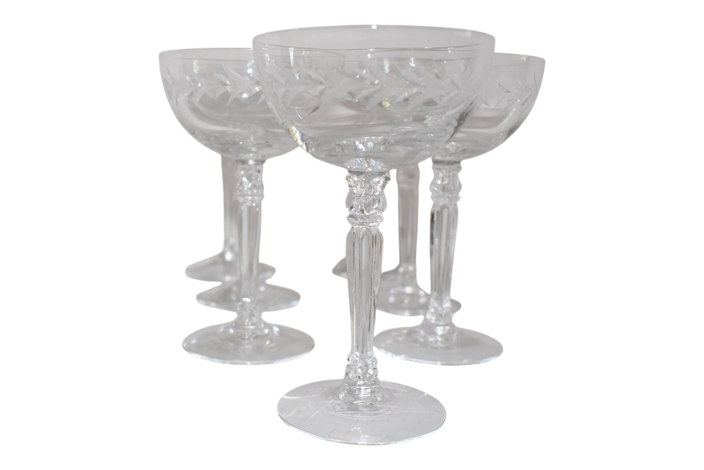 VINTAGE FOSTORIA ETCHED CRYSTAL CHAMPAGNE COUPES, SET OF 6
