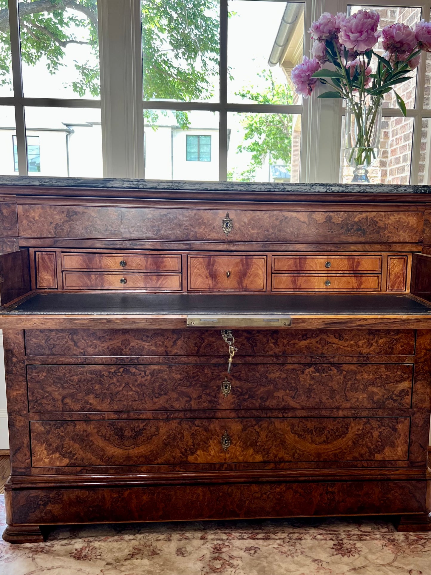 French Louis Philippe Style Marble Top Burled Walnut Secretaire Chest