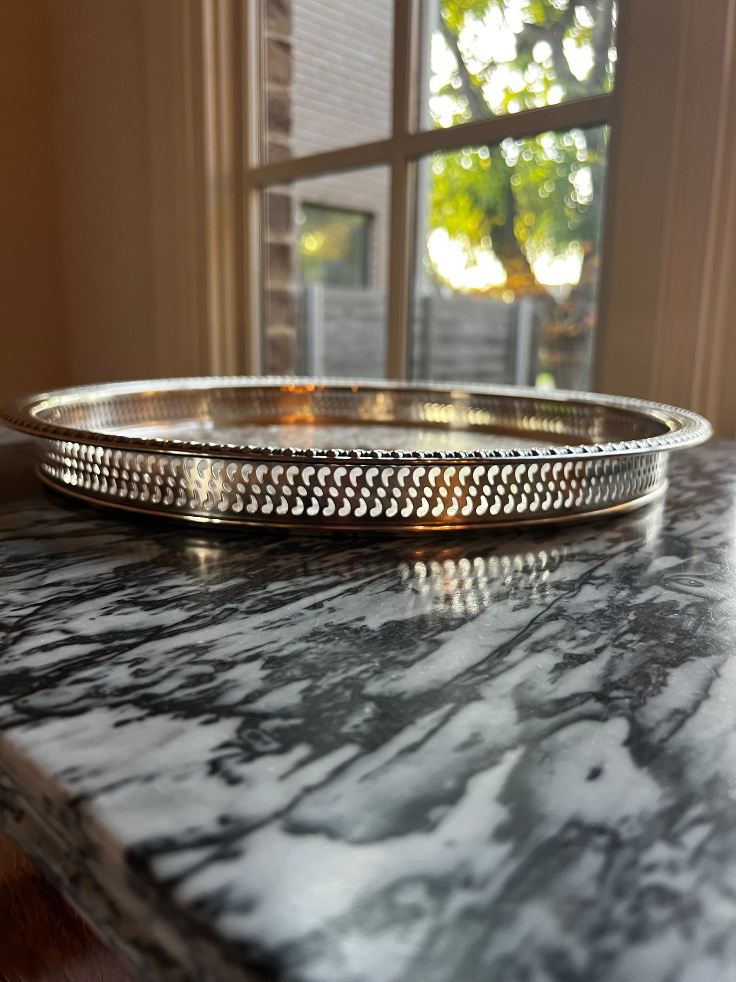 Vintage Rogers Silverplate Round Gallery Tray with Engraved Design and Pierced Rim