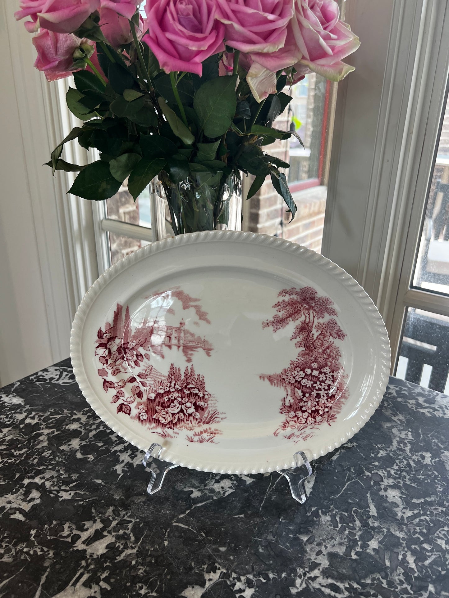 Vintage Johnson Brothers Castle on the Lake Red Transferware Platter