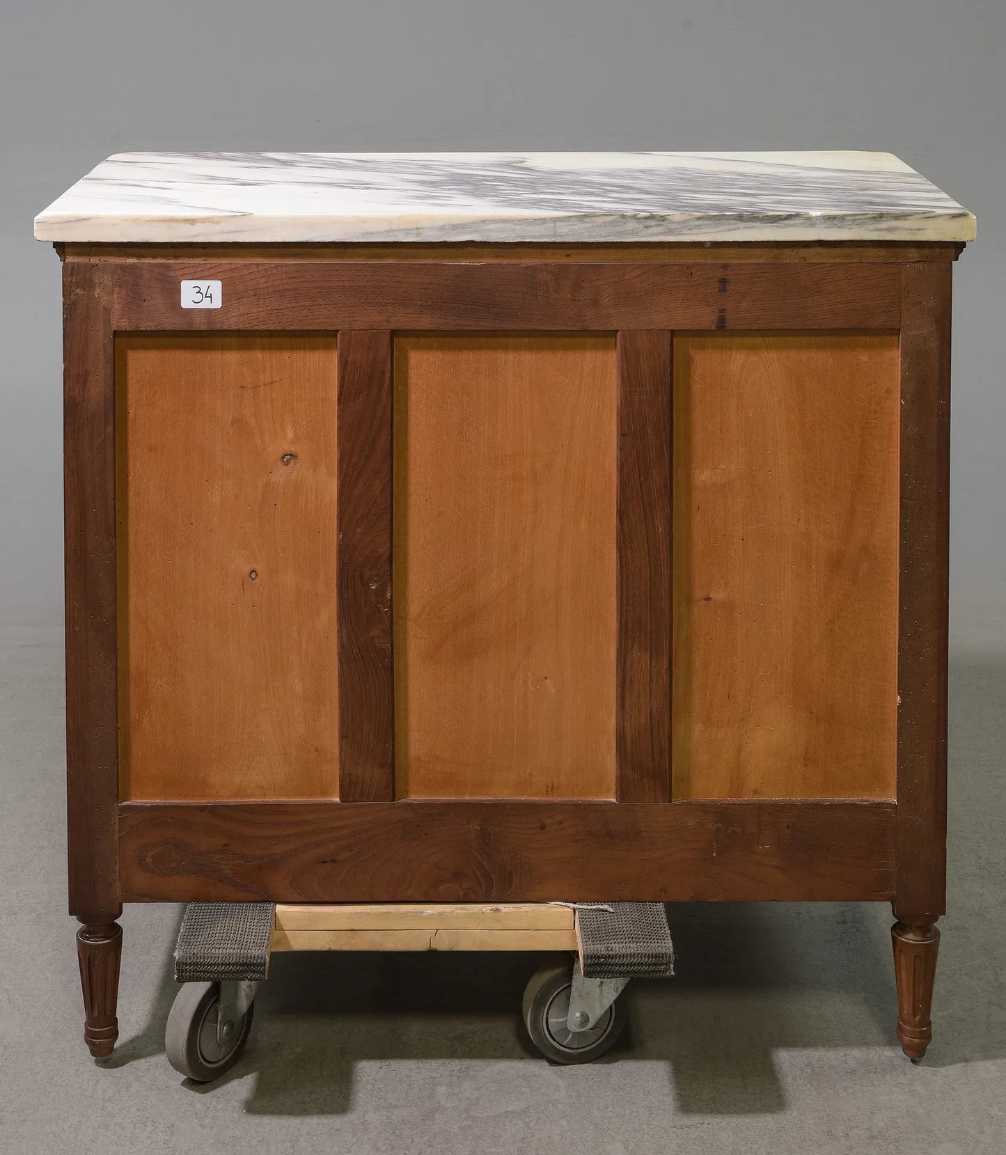 French Louis XVI Style White Marble Top Walnut 3 Drawer Chest - 33 in tall x 35 x 17