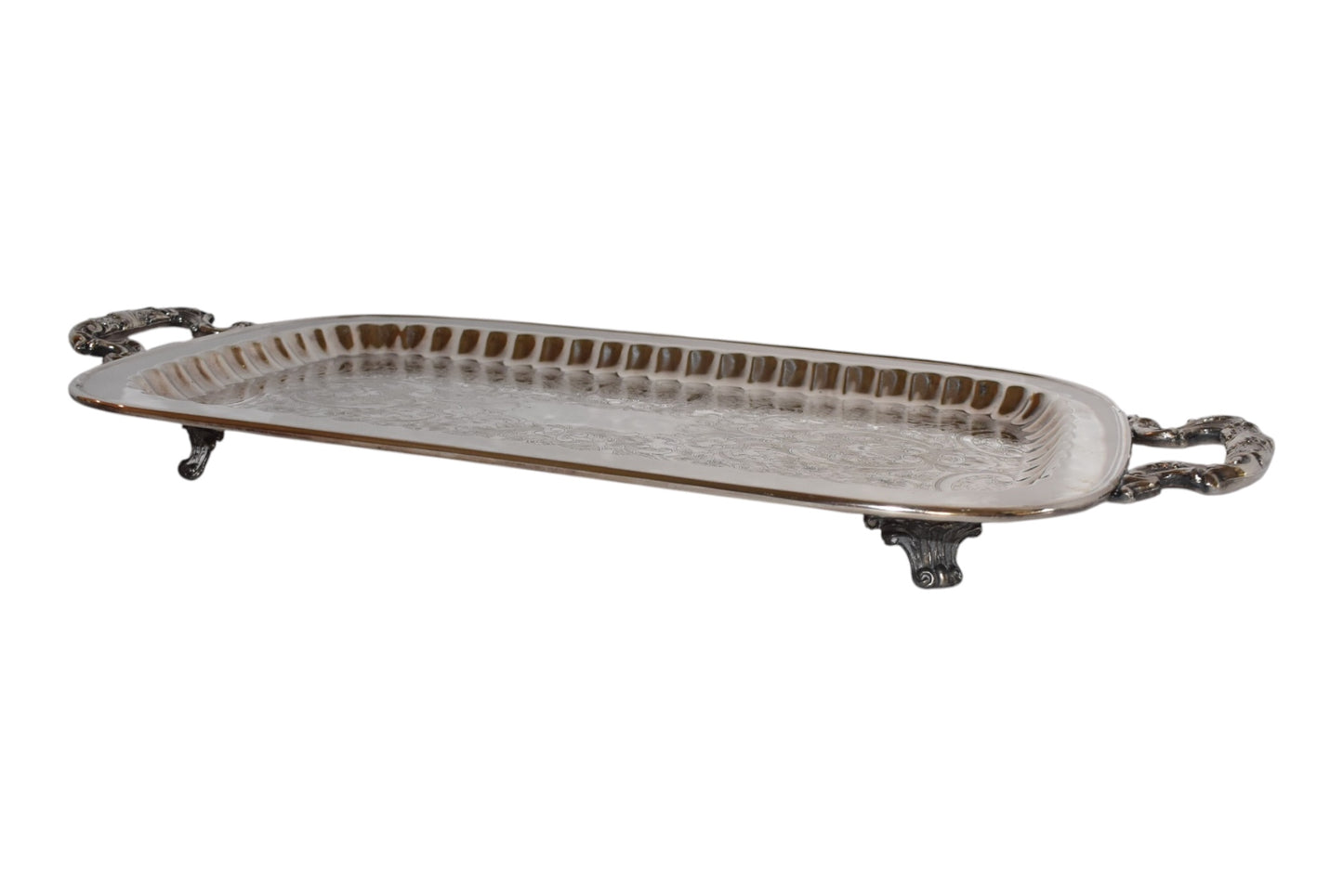 Vintage Footed Silverplate Bar Tray with Scalloped Edge