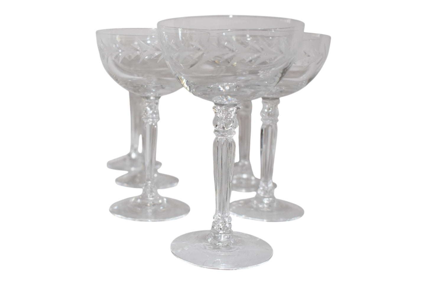 VINTAGE FOSTORIA ETCHED CRYSTAL CHAMPAGNE COUPES, SET OF 6