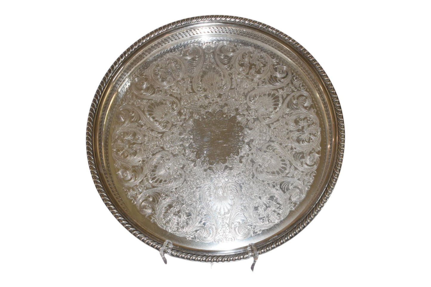 Vintage Rogers 672 Silverplate Round Gallery Tray, 15” Engraved Serving Tray