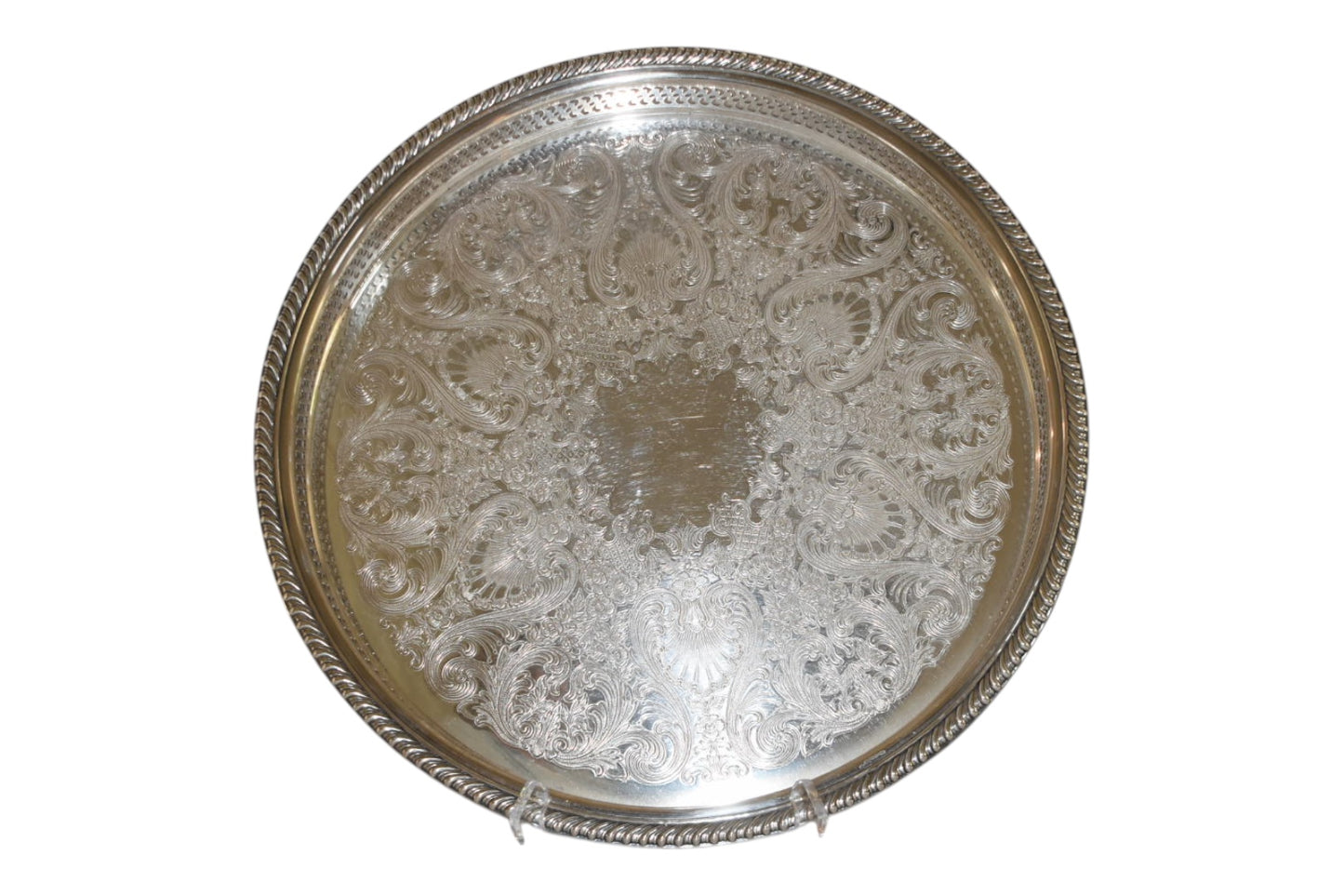 Vintage Rogers 672 Silverplate Round Gallery Tray, 15” Engraved Serving Tray