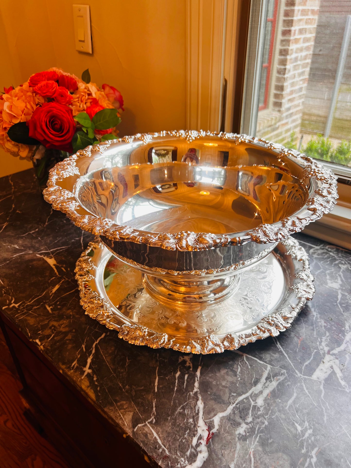 Vintage Silverplate Punch Bowl Set with Underplate and 12 Glass Cups