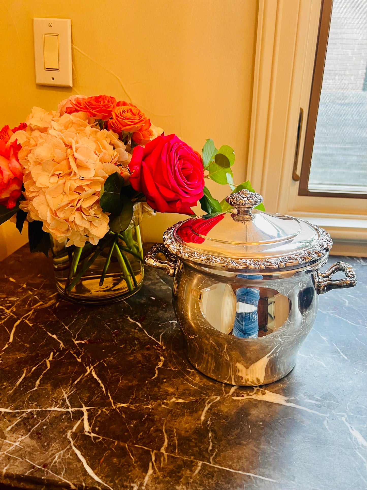 Vintage Silverplate Ice Bucket with Floral Rim and Ornate Handles