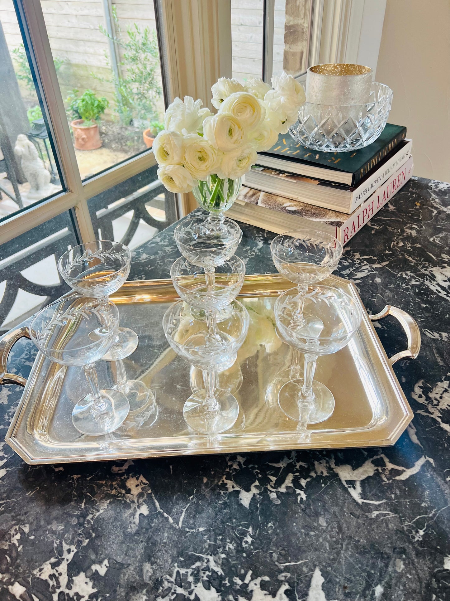 VINTAGE FOSTORIA ETCHED CRYSTAL CHAMPAGNE COUPES, SET OF 6