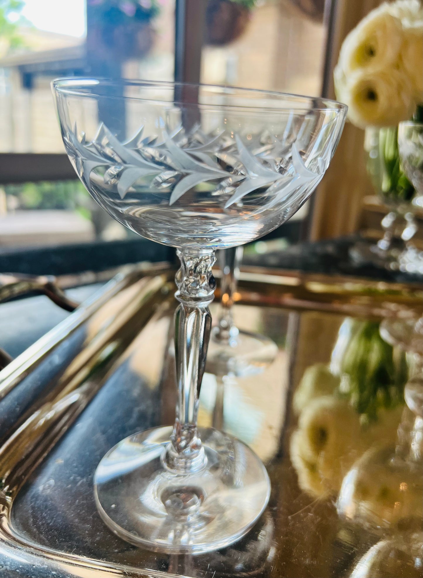 VINTAGE FOSTORIA ETCHED CRYSTAL CHAMPAGNE COUPES, SET OF 6