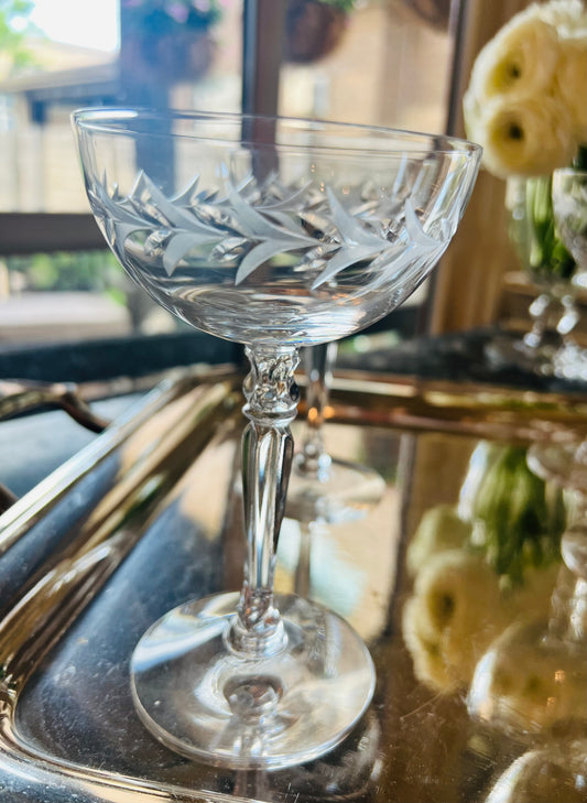 VINTAGE FOSTORIA ETCHED CRYSTAL CHAMPAGNE COUPES, SET OF 6