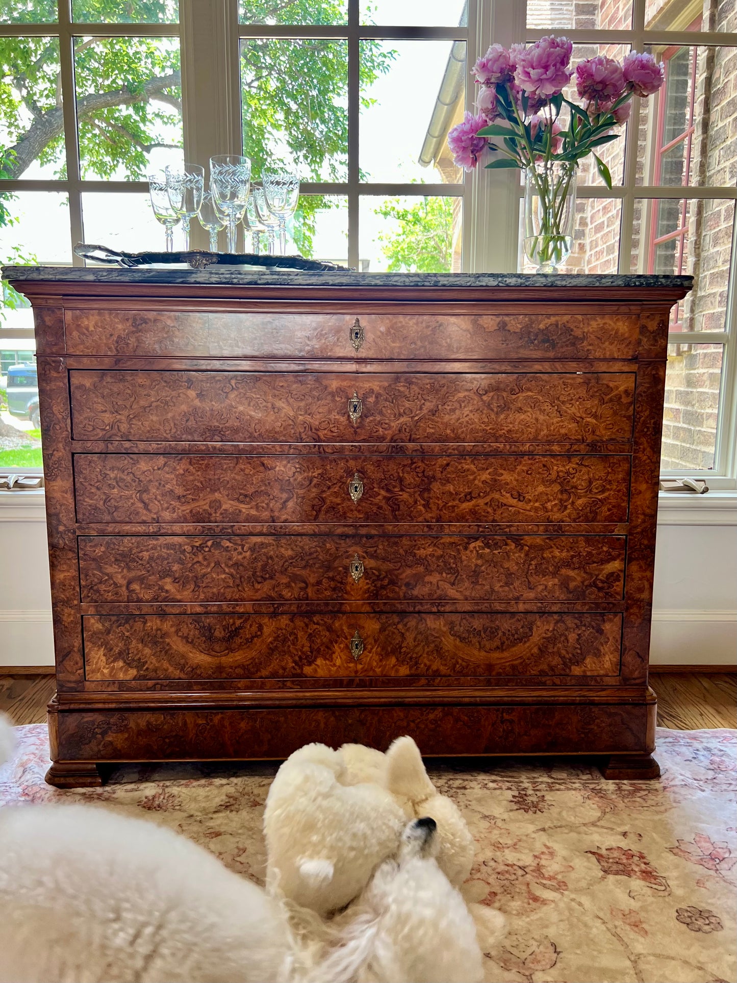 French Louis Philippe Style Marble Top Burled Walnut Secretaire Chest