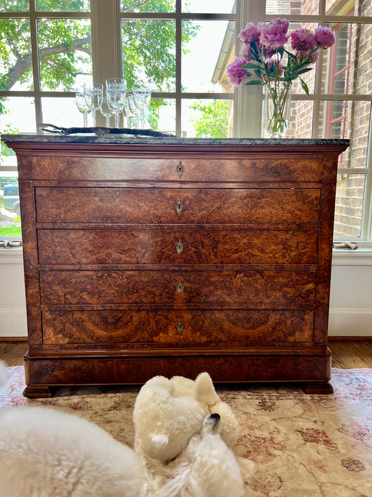 French Louis Philippe Style Marble Top Burled Walnut Secretaire Chest