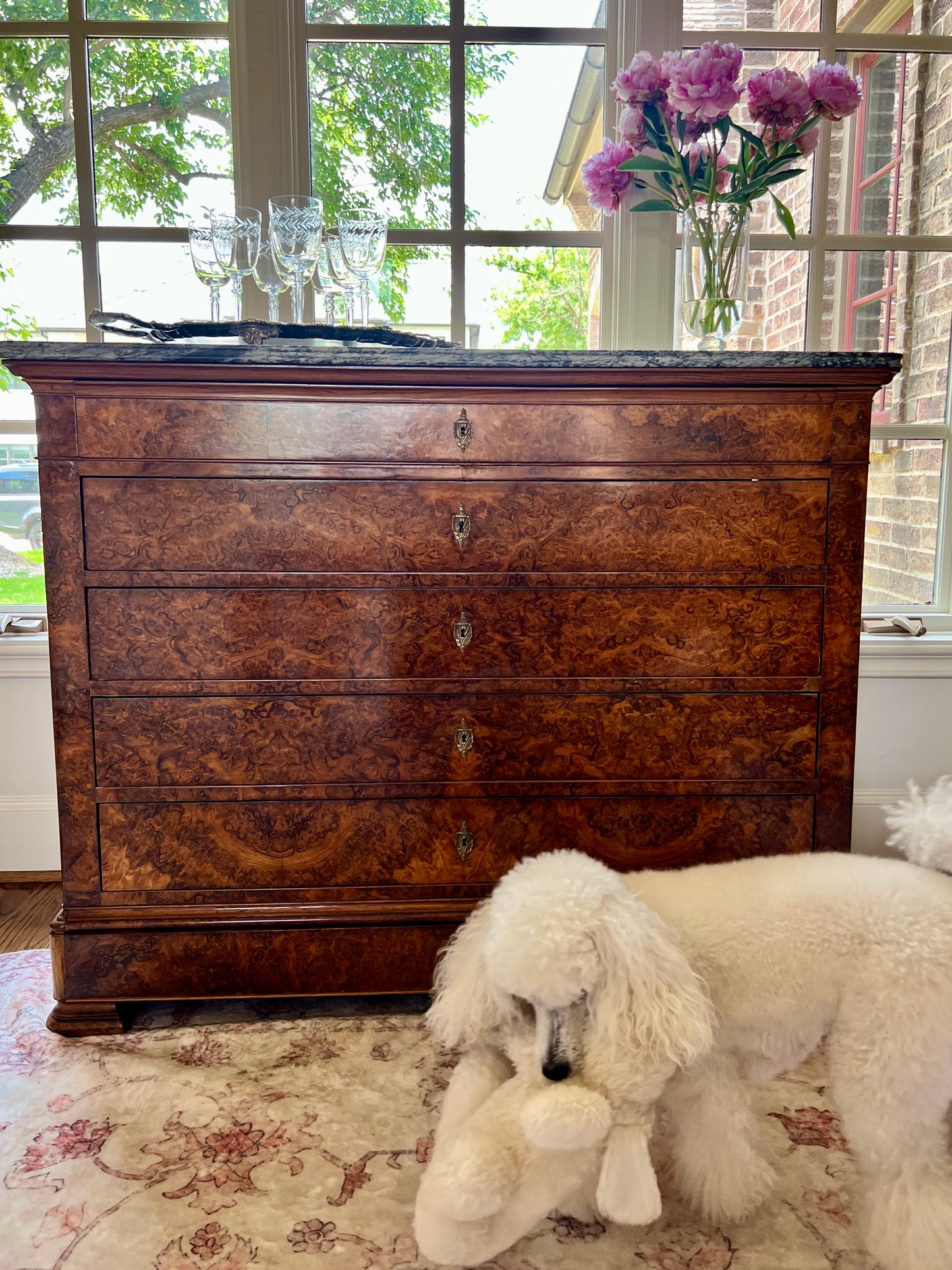 French Louis Philippe Style Marble Top Burled Walnut Secretaire Chest