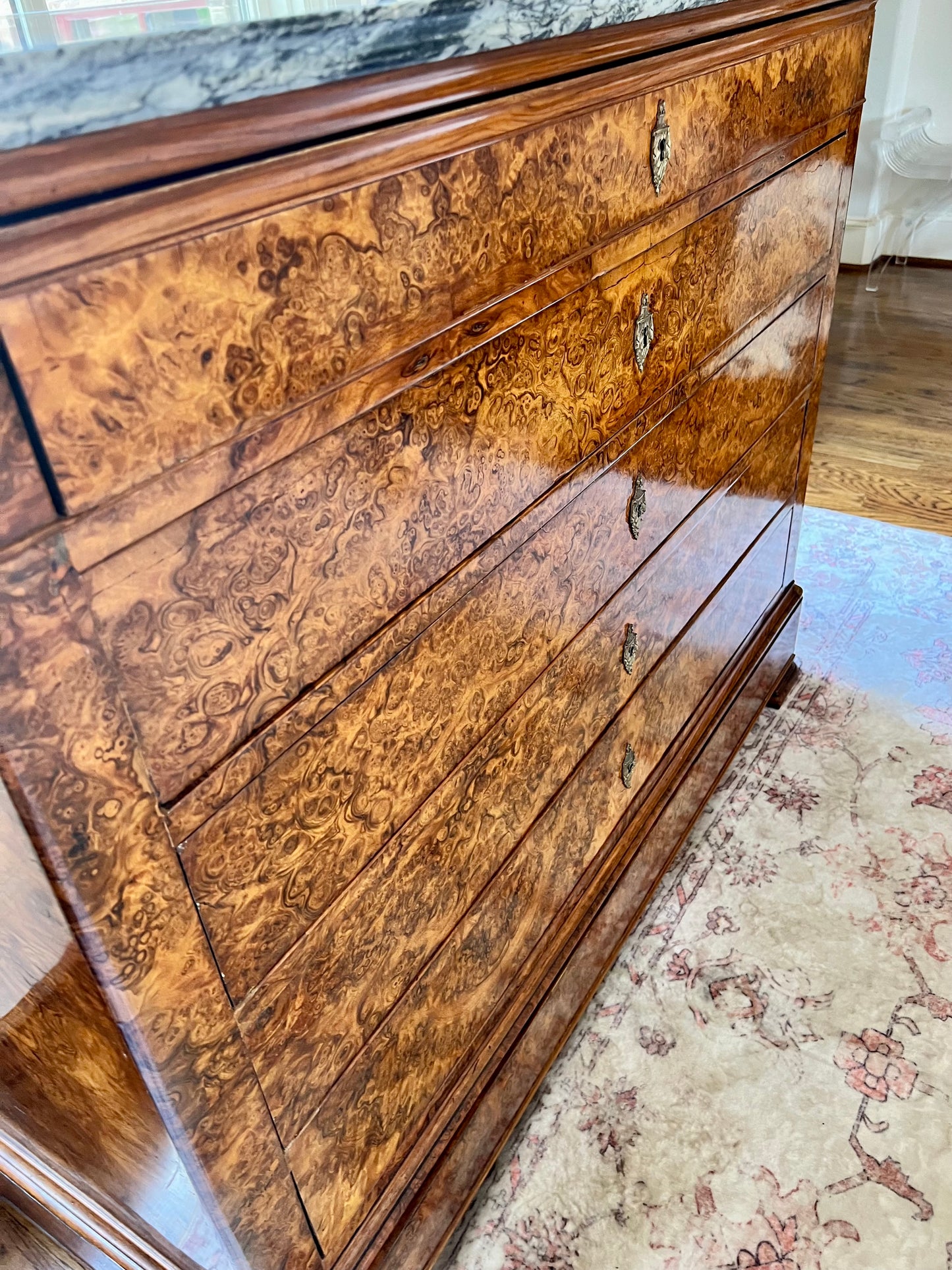 French Louis Philippe Style Marble Top Burled Walnut Secretaire Chest