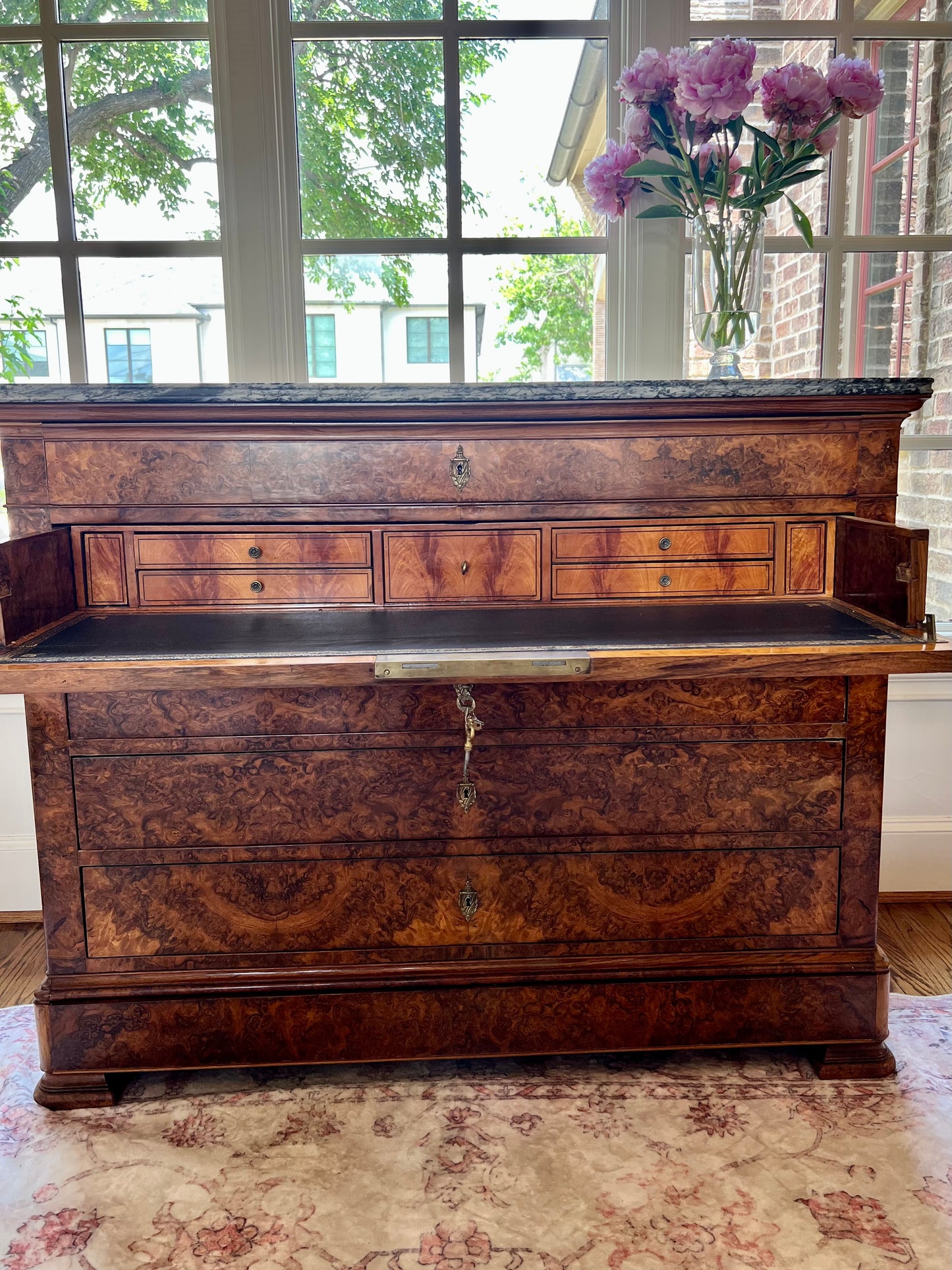 French Louis Philippe Style Marble Top Burled Walnut Secretaire Chest