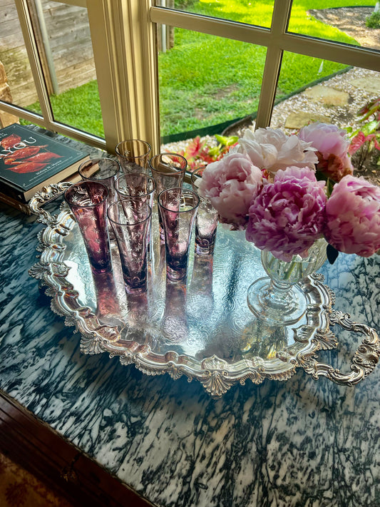 Vintage Amethyst Cut Crystal Starburst Cordial Glasses, Set of 8