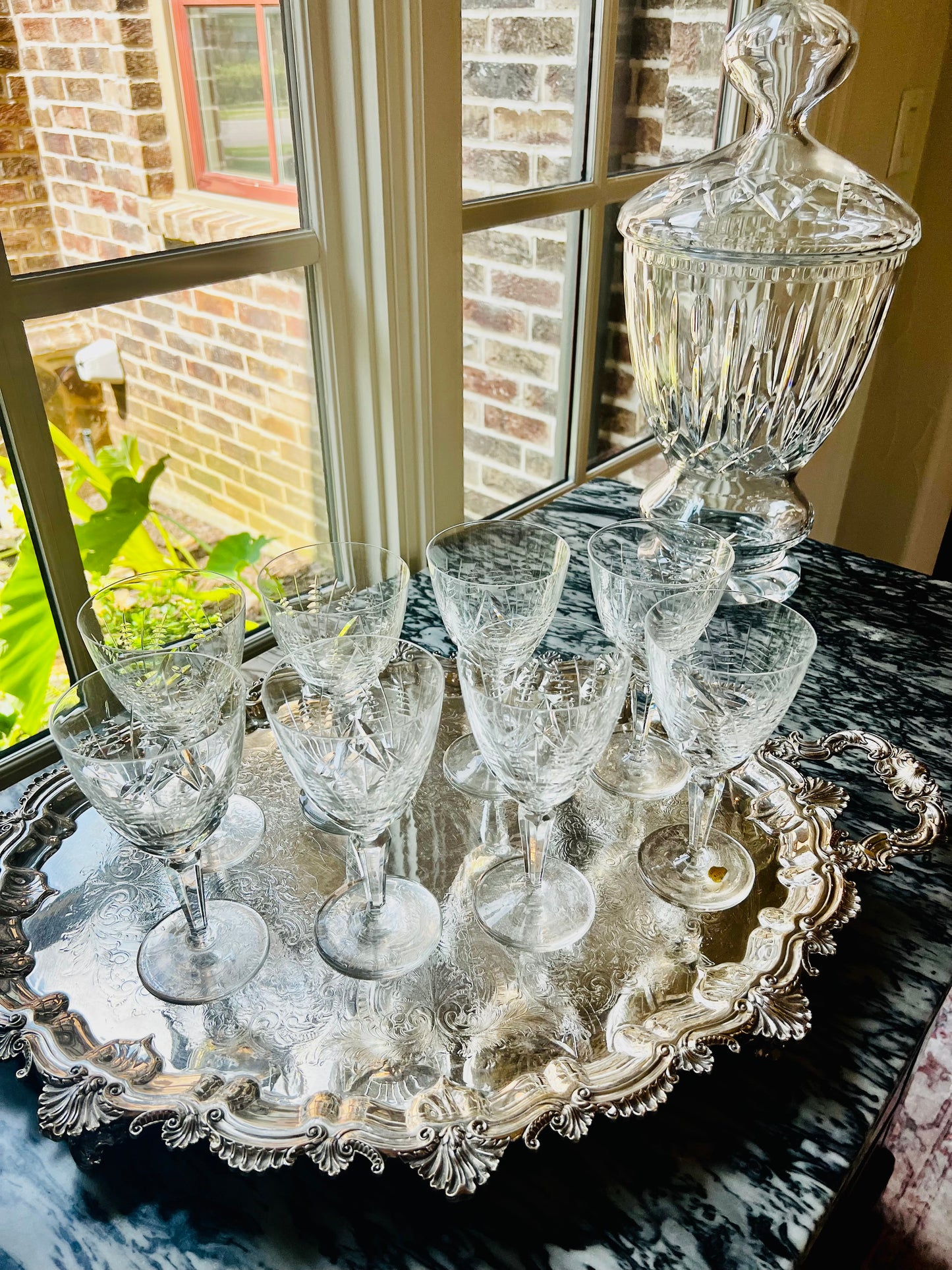 Vintage Heavy Cut Crystal Wheat Wine Glasses, Set of 8