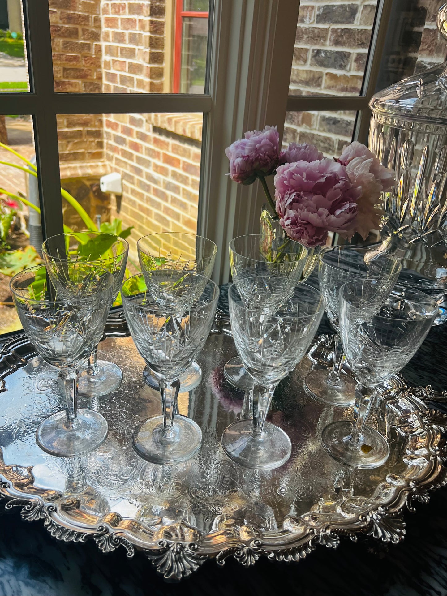 Vintage Heavy Cut Crystal Wheat Wine Glasses, Set of 8