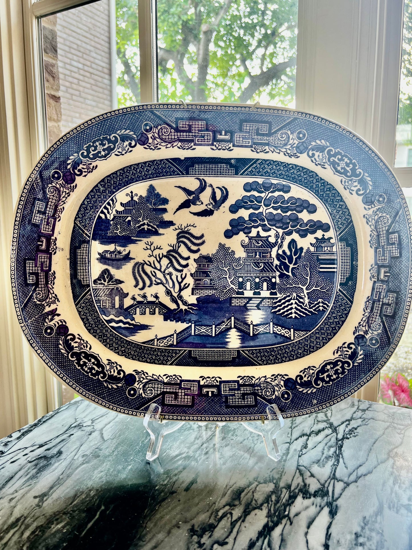 Antique English Crown Pottery 16" Blue Willow Platter