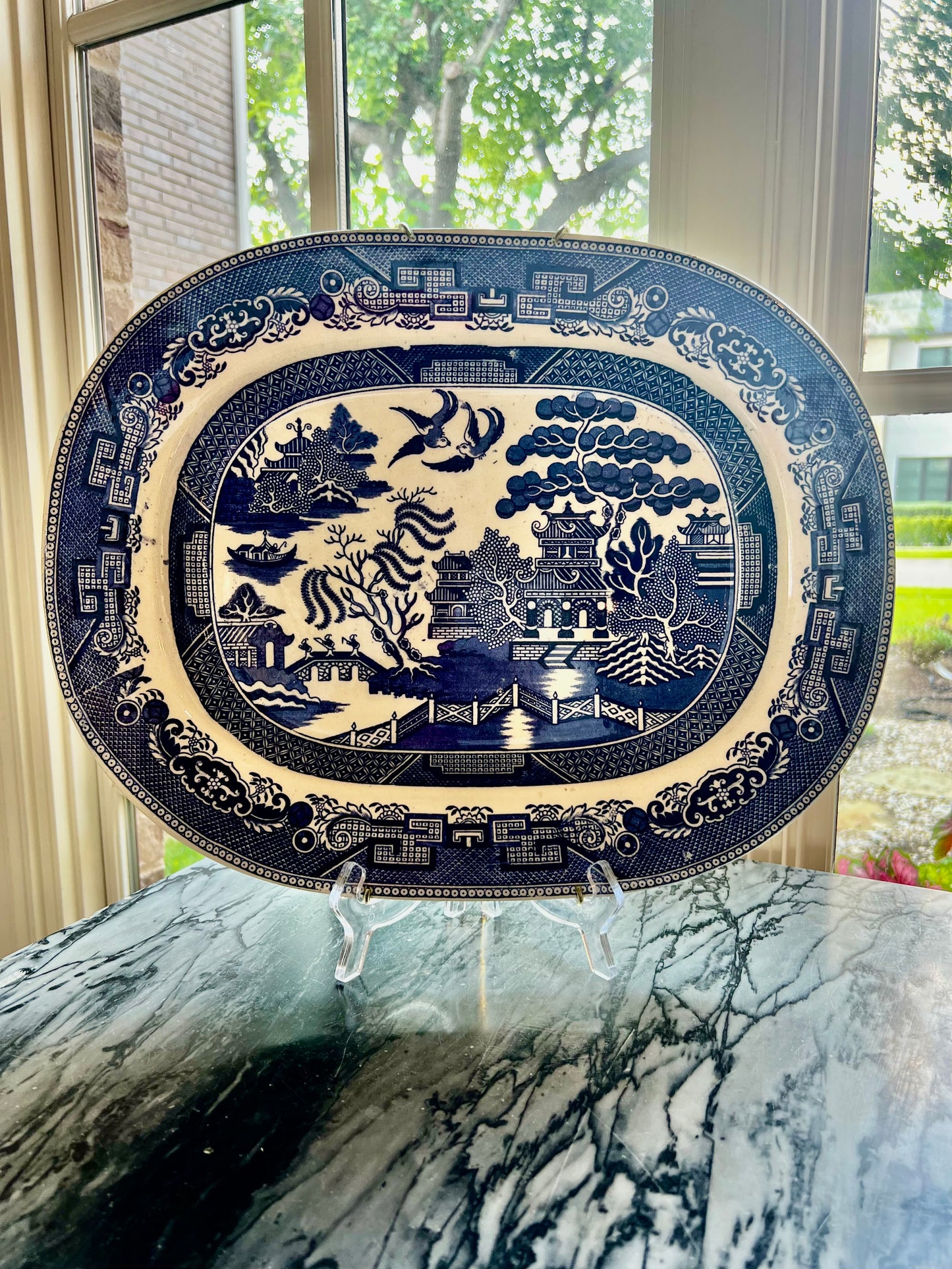 Antique English Crown Pottery 16" Blue Willow Platter