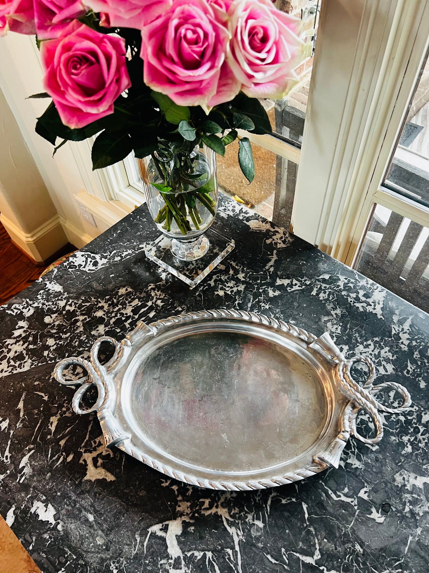Vintage Mariposa Aluminum Bow Handle Serving Tray | Handcrafted Oval Entertaining Tray