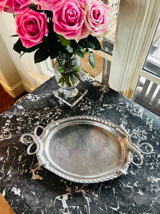 Vintage Mariposa Aluminum Bow Handle Serving Tray | Handcrafted Oval Entertaining Tray