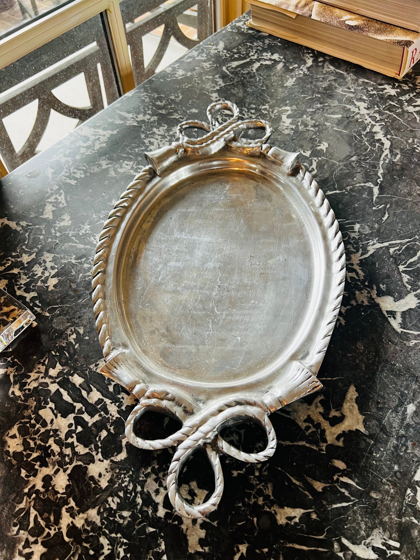 Vintage Mariposa Aluminum Bow Handle Serving Tray | Handcrafted Oval Entertaining Tray