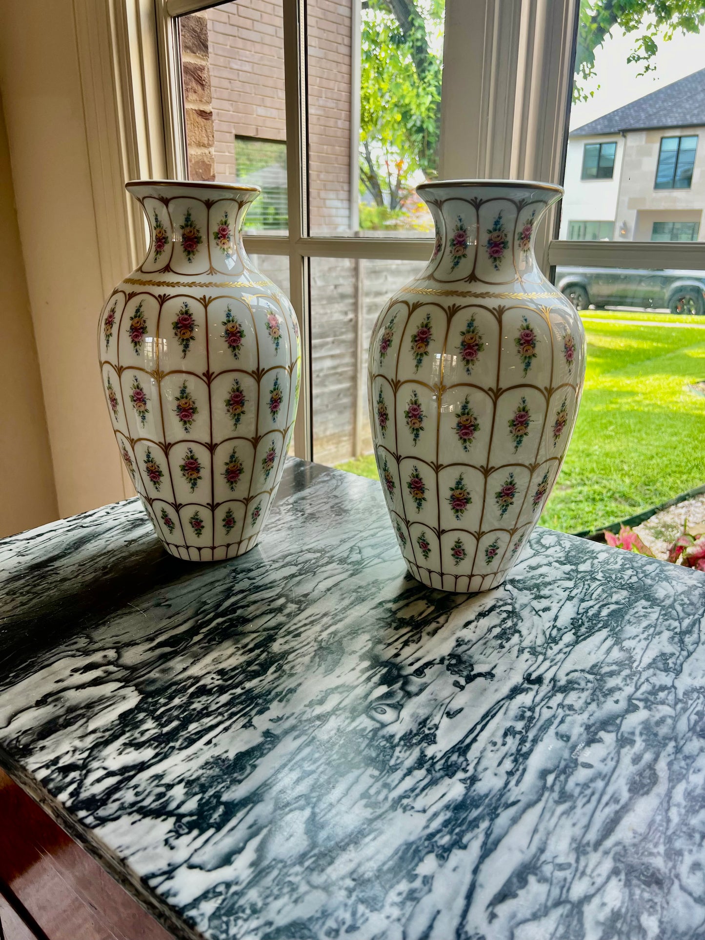 Pair of Hand-Decorated Limoges France Floral and Gilt Porcelain Vases, 14.5 Inches