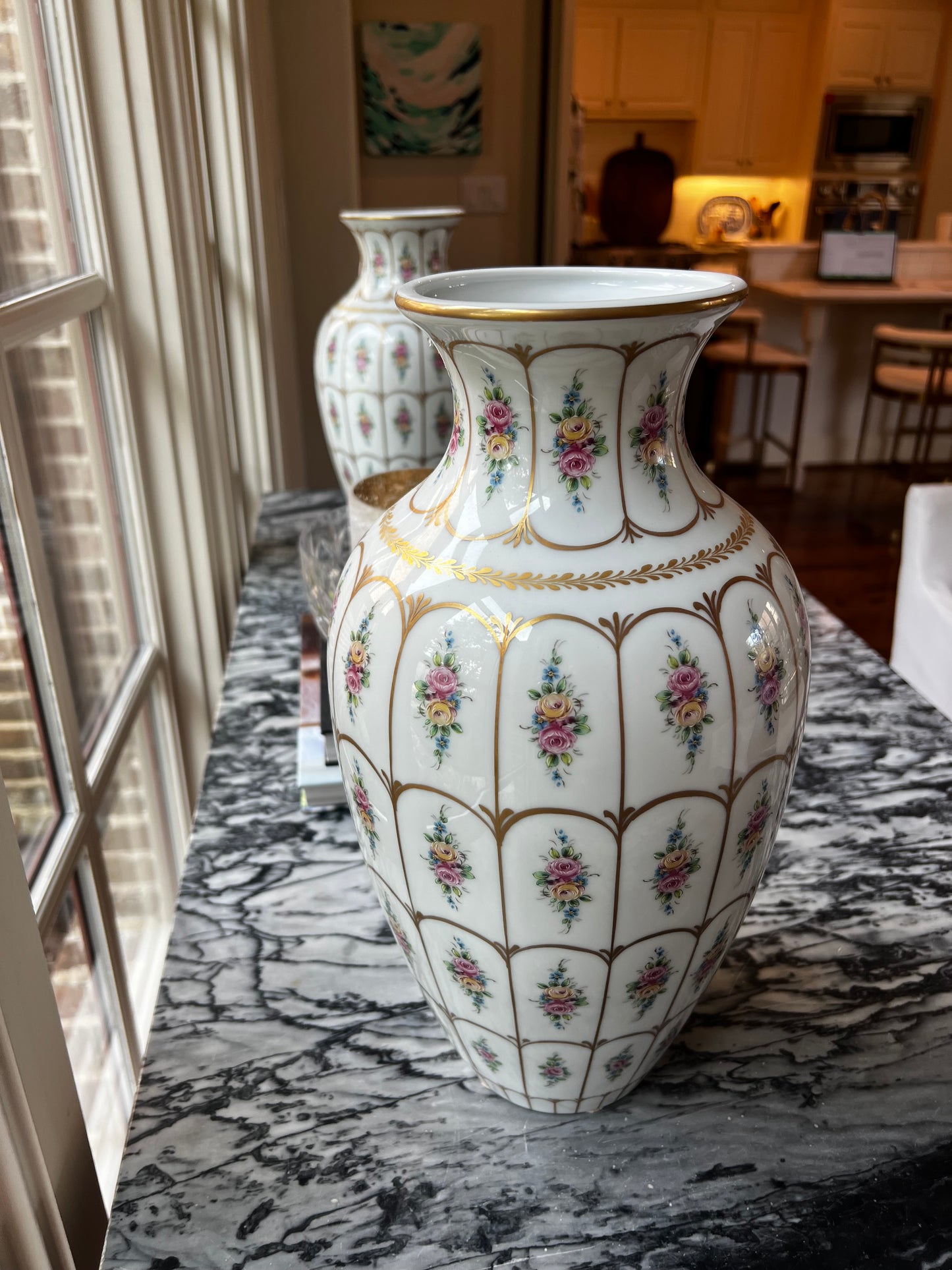 Pair of Hand-Decorated Limoges France Floral and Gilt Porcelain Vases, 14.5 Inches