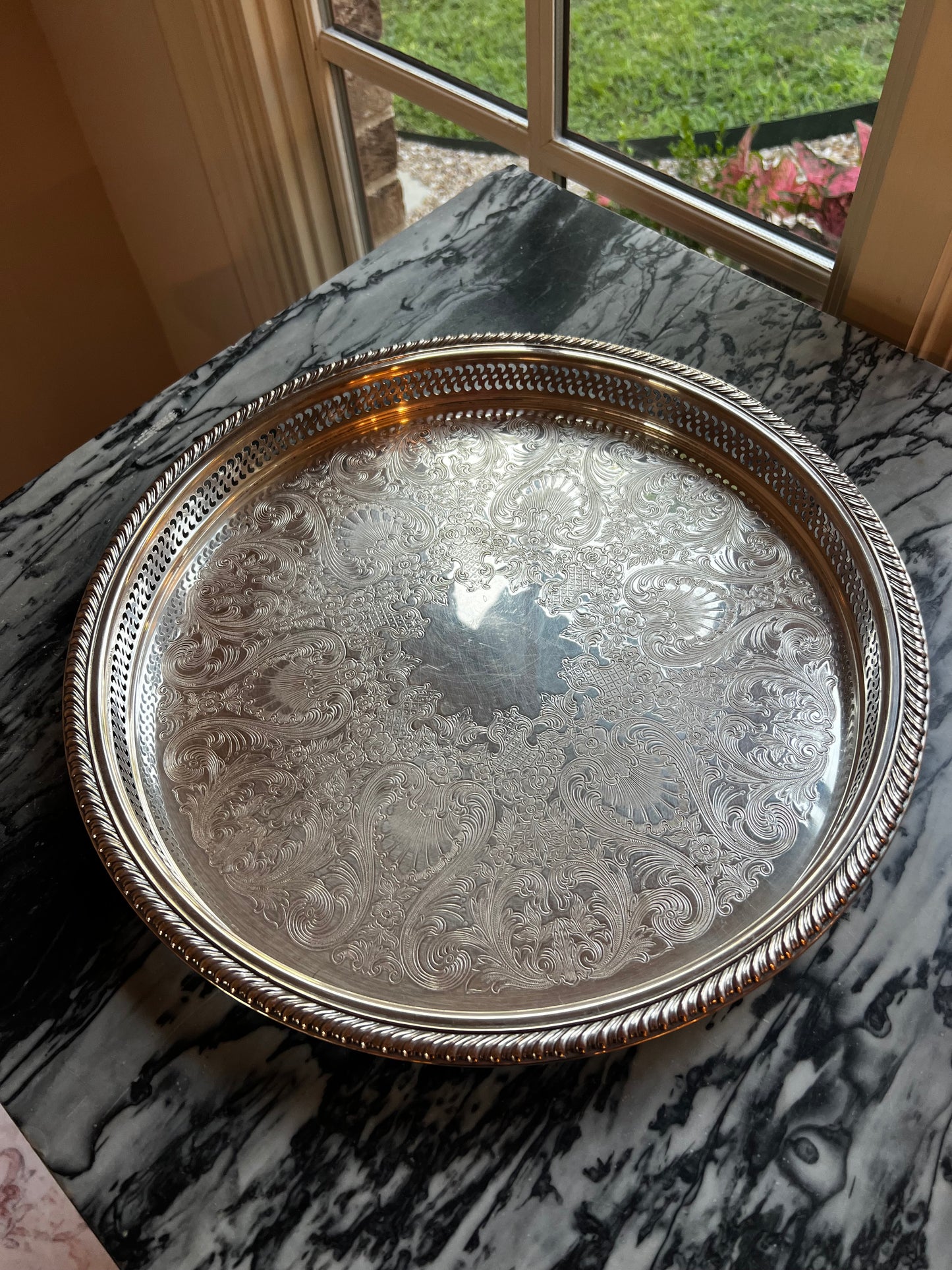 Vintage Rogers Silverplate Round Gallery Tray with Engraved Design and Pierced Rim