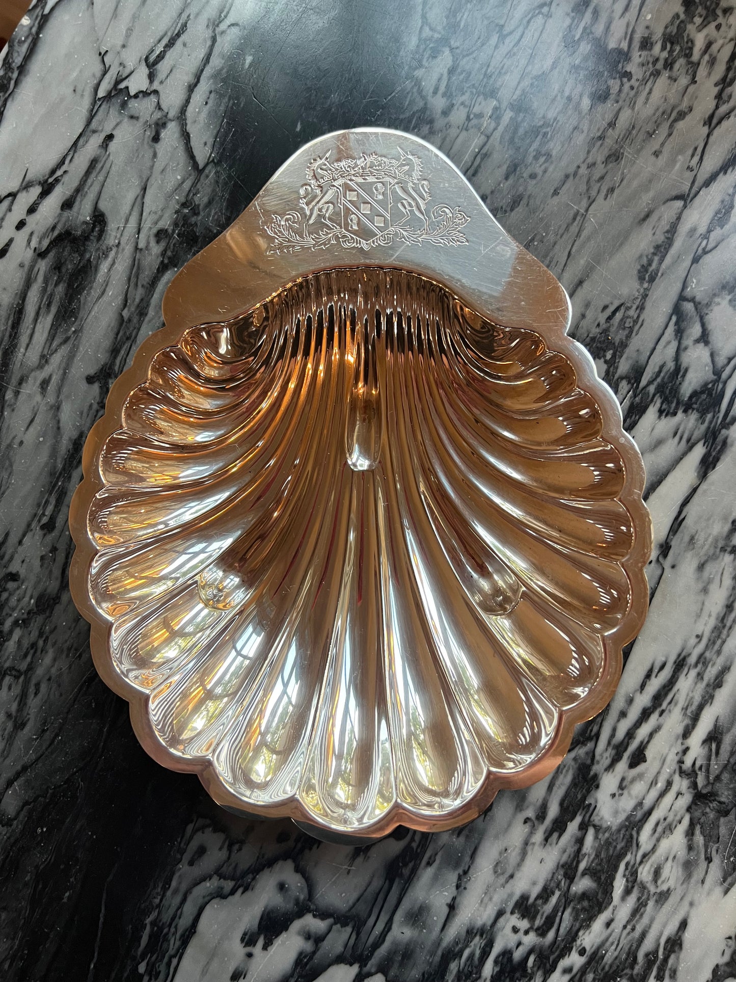 Vintage Mappin & Webb Silverplate Shell Serving Dish with Engraved Crest
