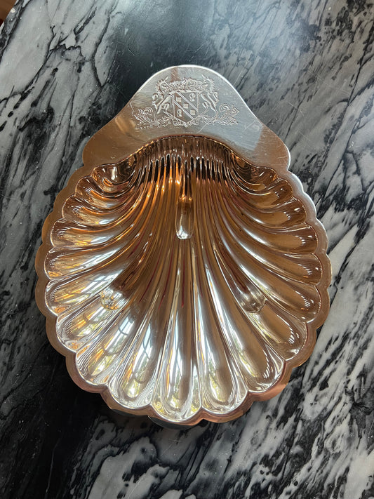 Vintage Mappin & Webb Silverplate Shell Serving Dish with Engraved Crest