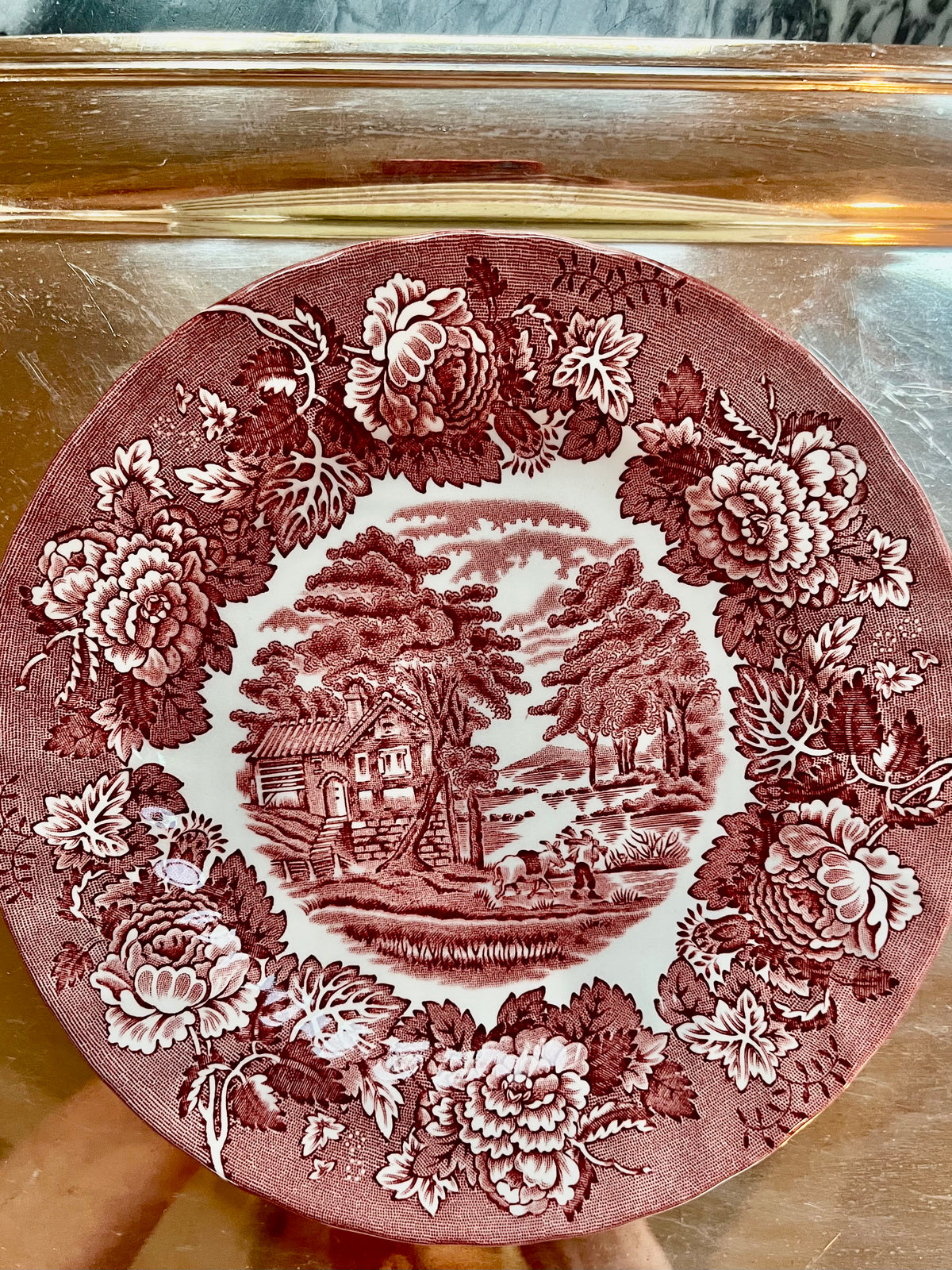 Vintage Wood & Sons English Scenery Red Transferware Salad Plates, Set of 4