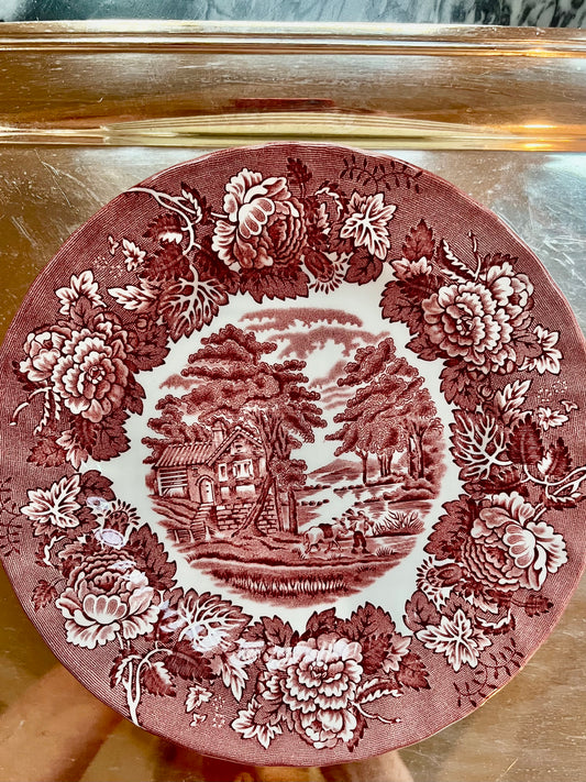 Vintage Wood & Sons English Scenery Red Transferware Salad Plates, Set of 4
