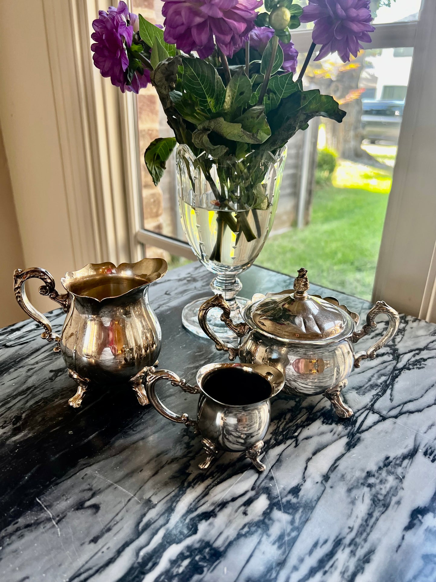 Vintage Leonard Silverplate Cream & Sugar Service Set, 3 Pieces