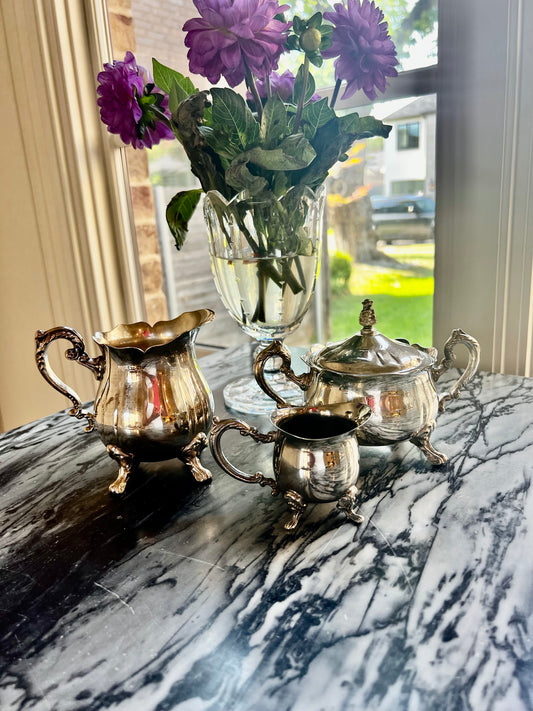 Vintage Leonard Silverplate Cream & Sugar Service Set, 3 Pieces