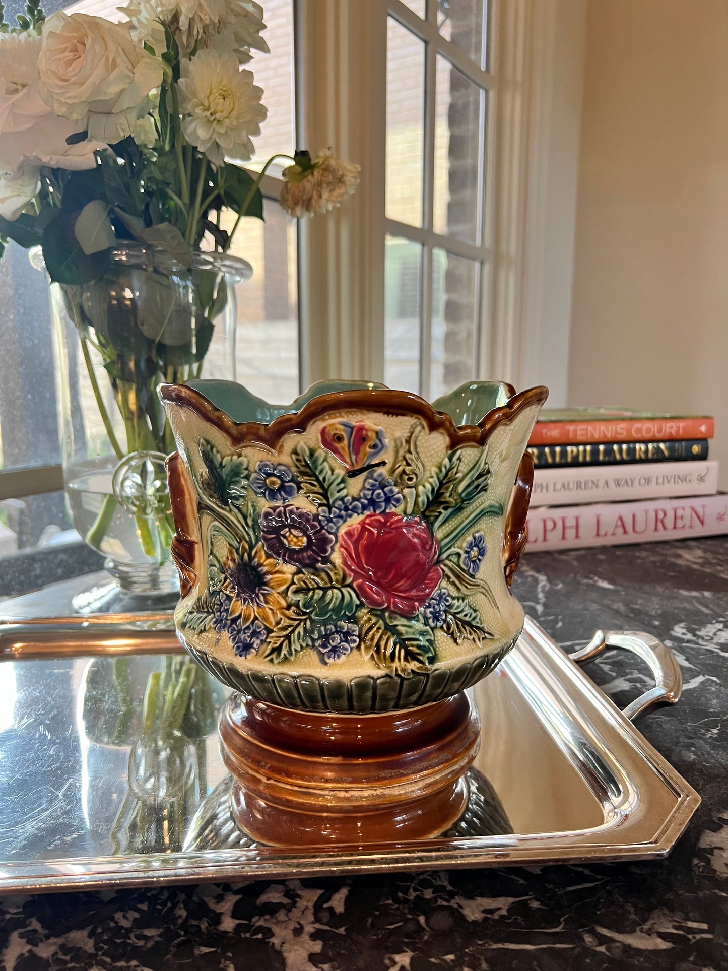 Vintage Floral Majolica Jardinière Planter | Scalloped Cachepot
