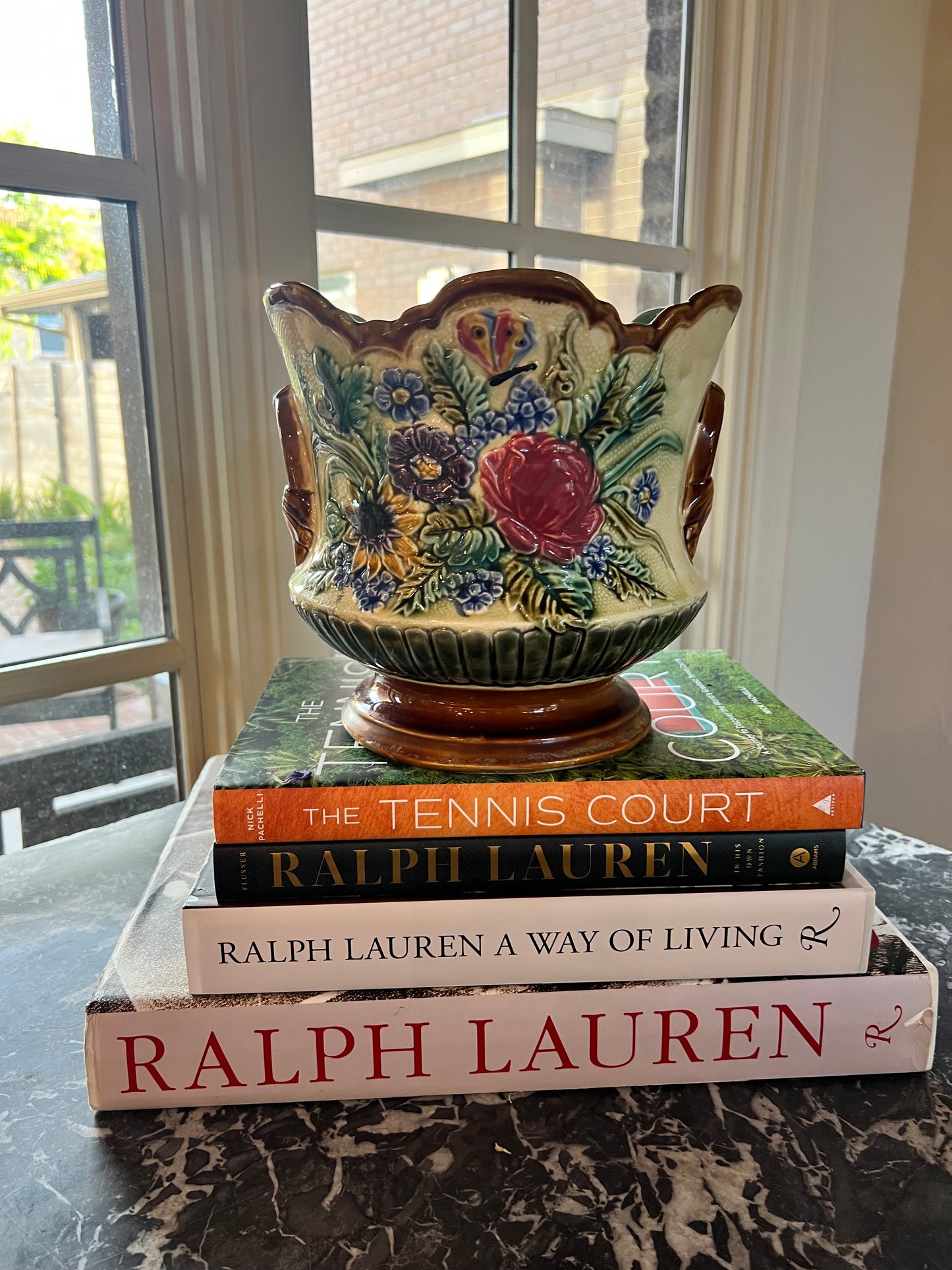 Vintage Floral Majolica Jardinière Planter | Scalloped Cachepot