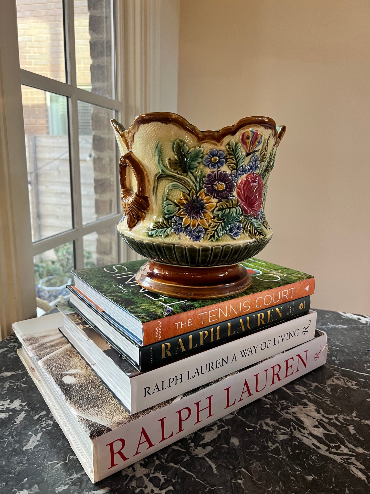 Vintage Floral Majolica Jardinière Planter | Scalloped Cachepot
