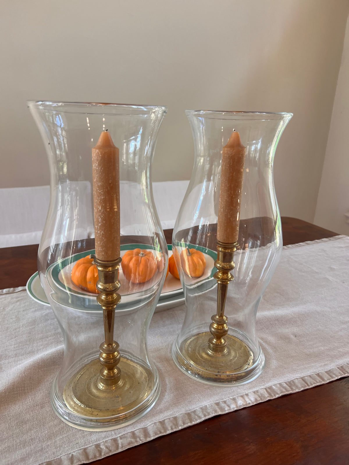 Glass Hurricane Candle Holders with Brass tone Bases (pair)