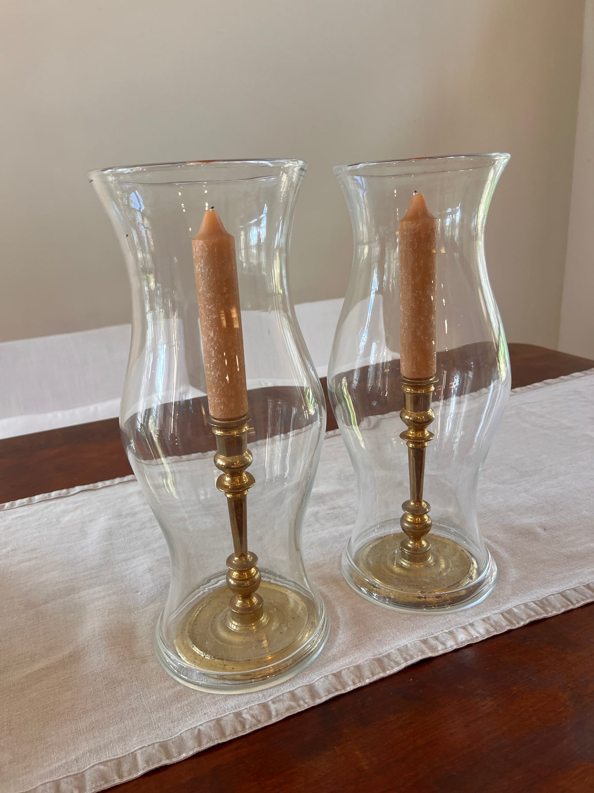 Glass Hurricane Candle Holders with Brass tone Bases (pair)