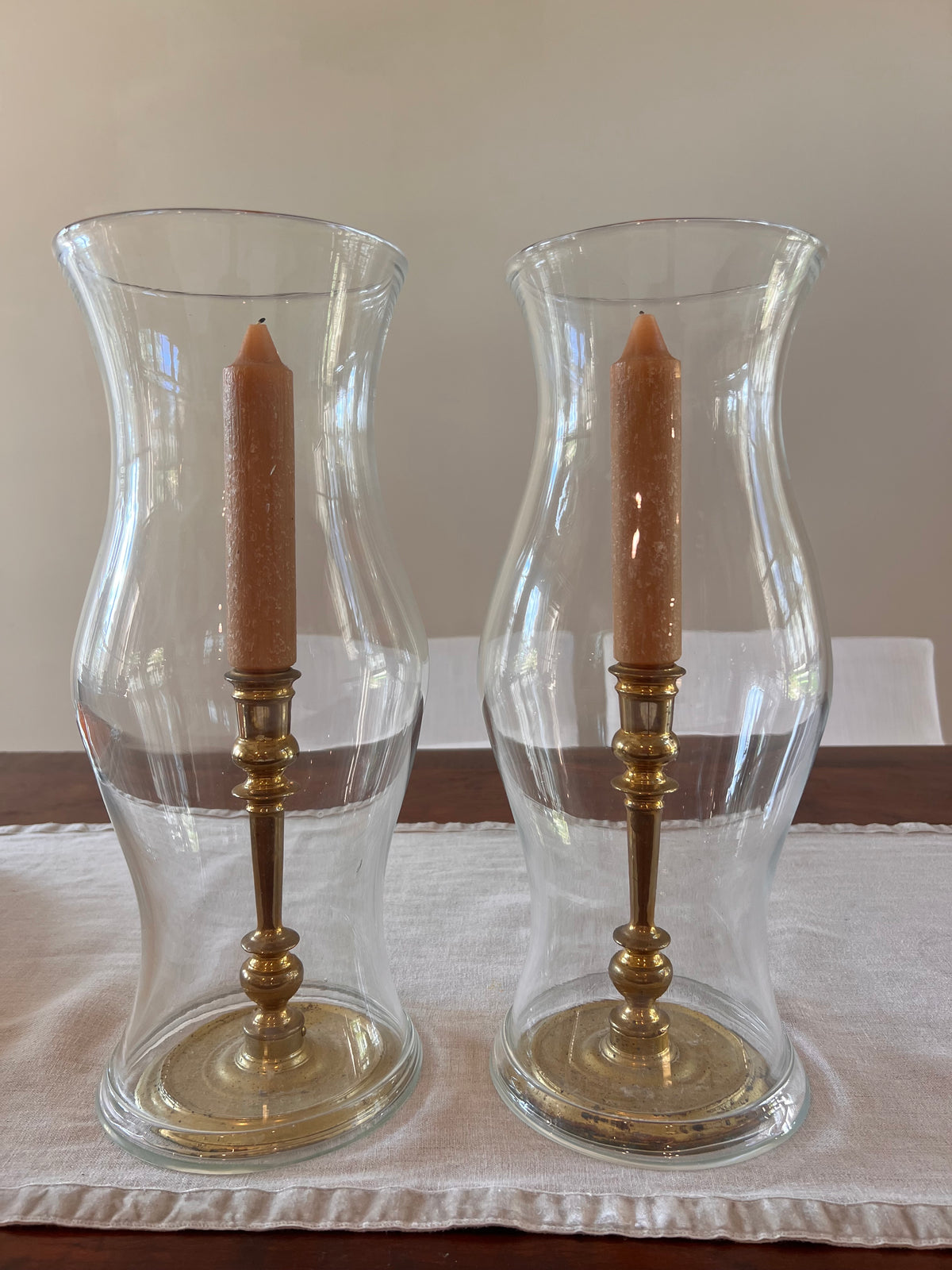 Glass Hurricane Candle Holders with Brass tone Bases (pair)