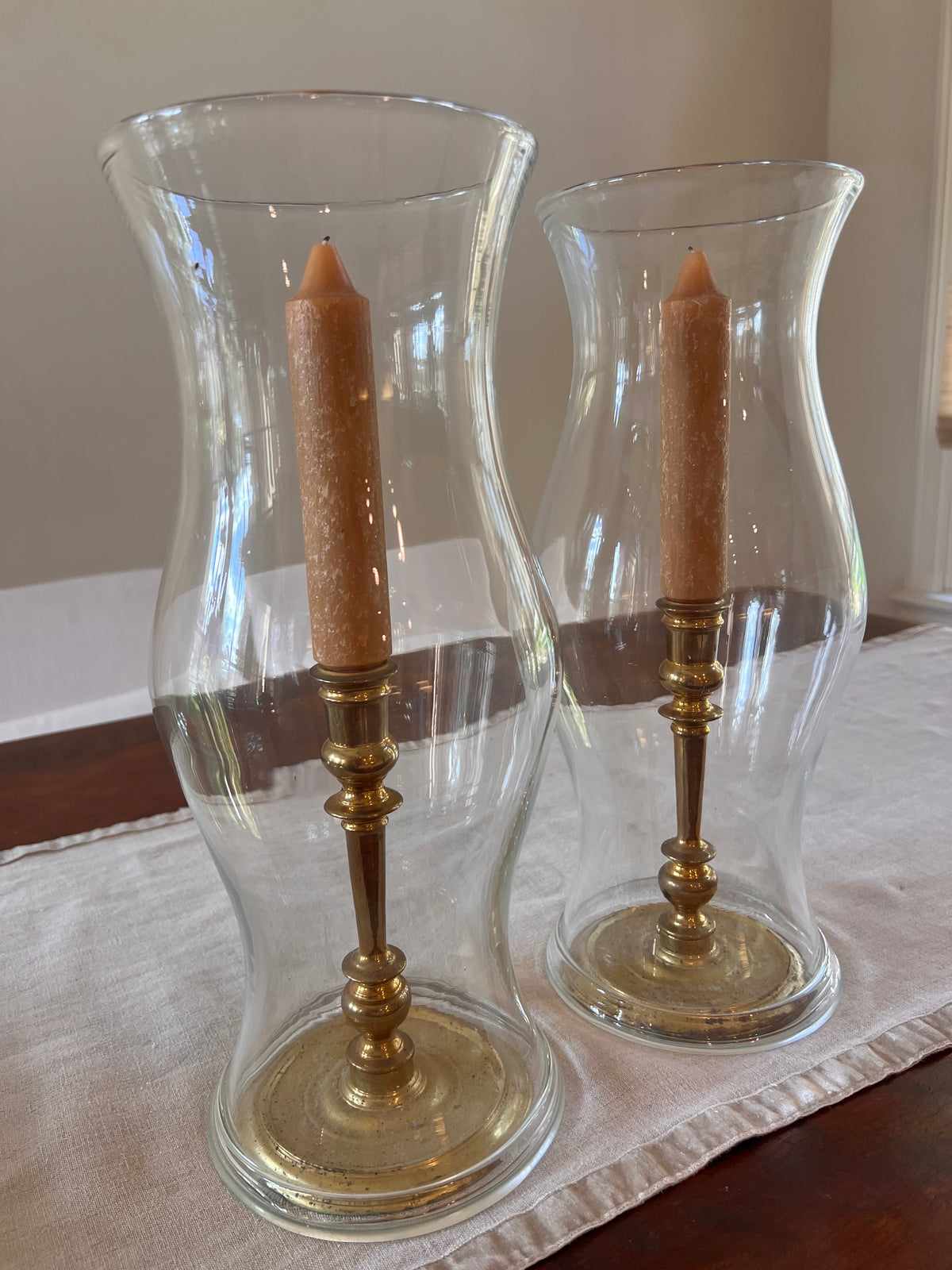 Glass Hurricane Candle Holders with Brass tone Bases (pair)