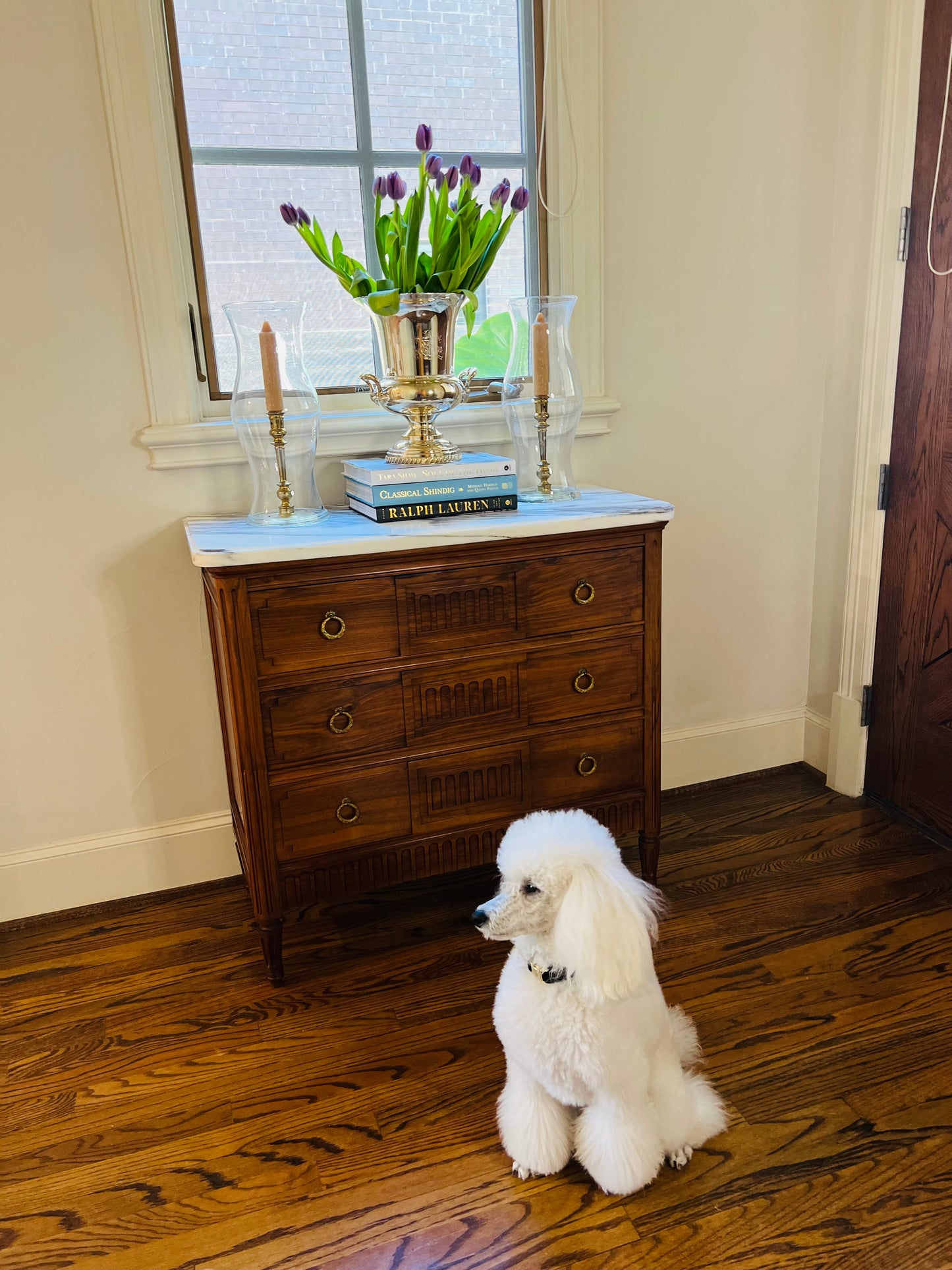 French Louis XVI Style White Marble Top Walnut 3 Drawer Chest - 33 in tall x 35 x 17