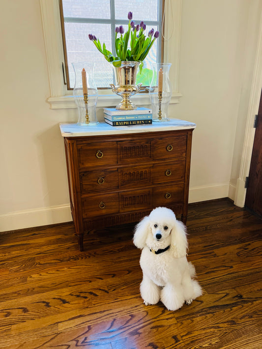 French Louis XVI Style White Marble Top Walnut 3 Drawer Chest - 33 in tall x 35 x 17