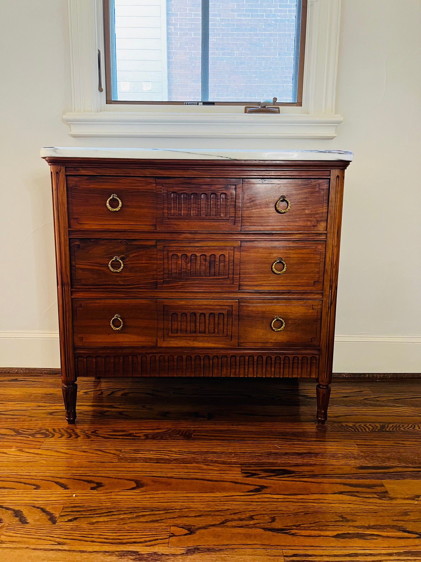 French Louis XVI Style White Marble Top Walnut 3 Drawer Chest - 33 in tall x 35 x 17