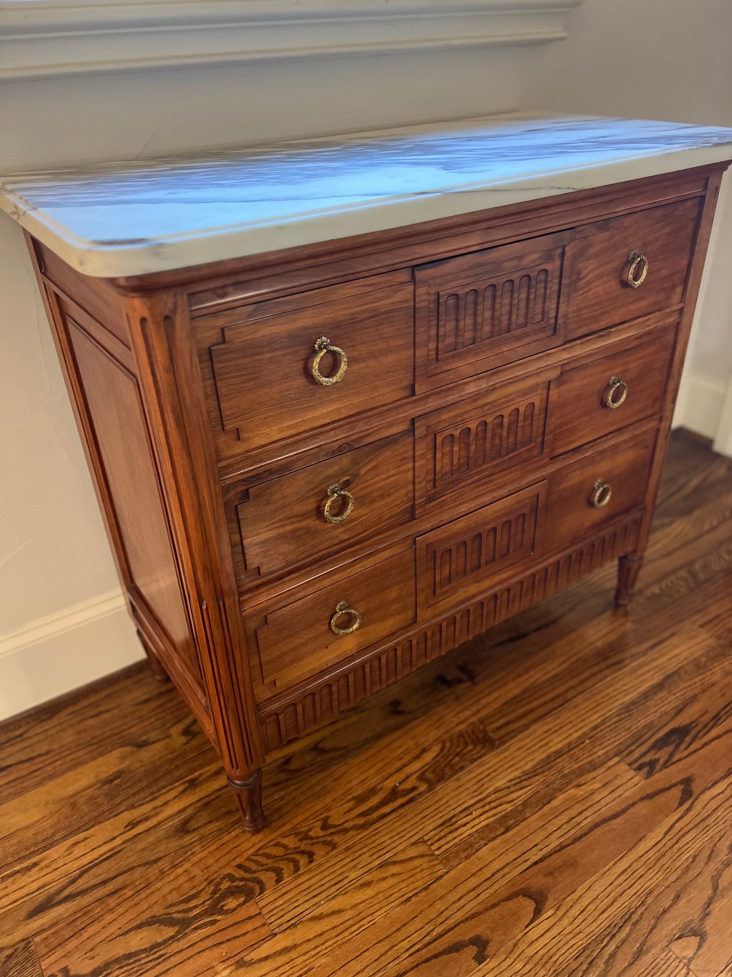 French Louis XVI Style White Marble Top Walnut 3 Drawer Chest - 33 in tall x 35 x 17