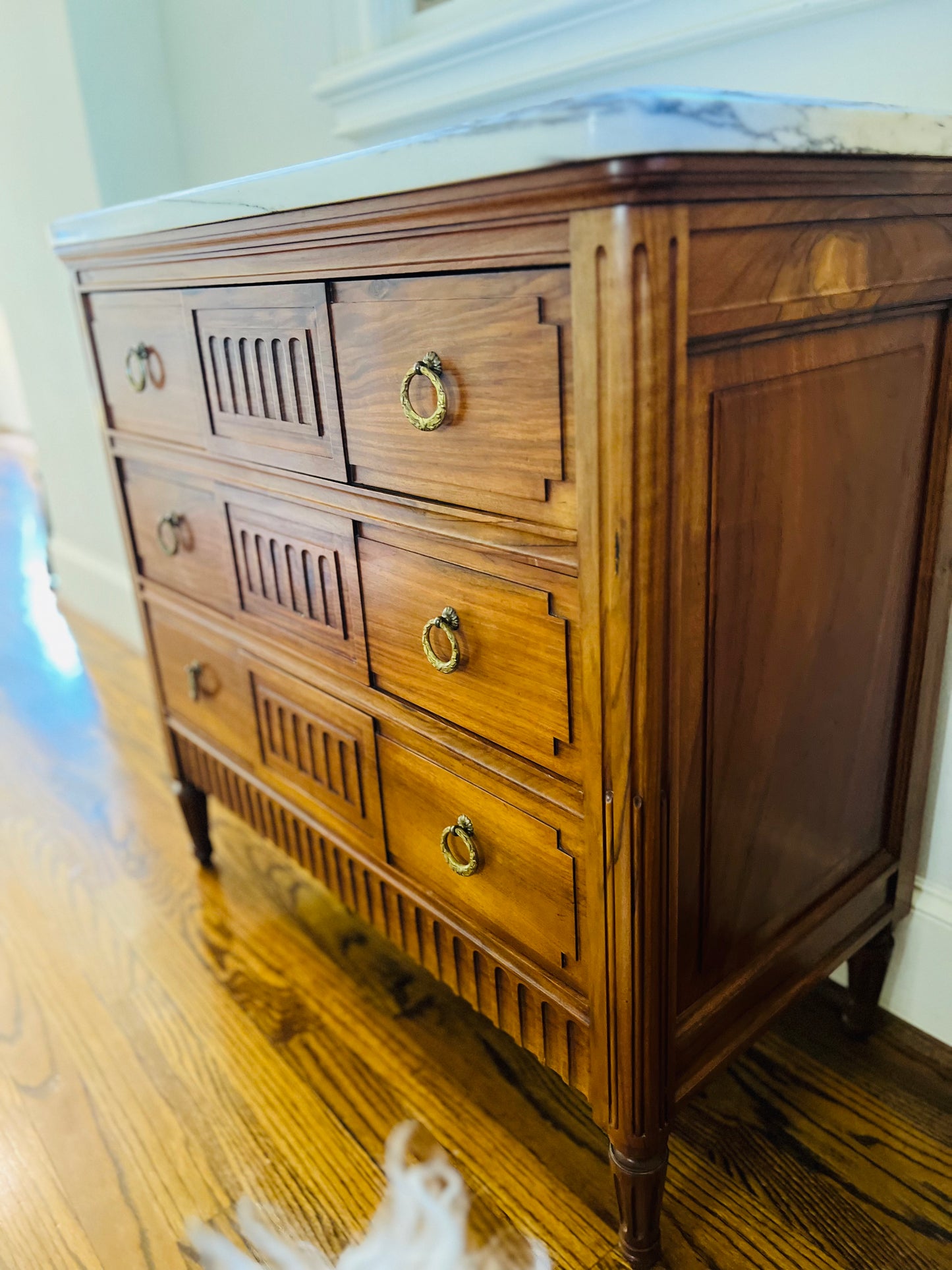 French Louis XVI Style White Marble Top Walnut 3 Drawer Chest - 33 in tall x 35 x 17