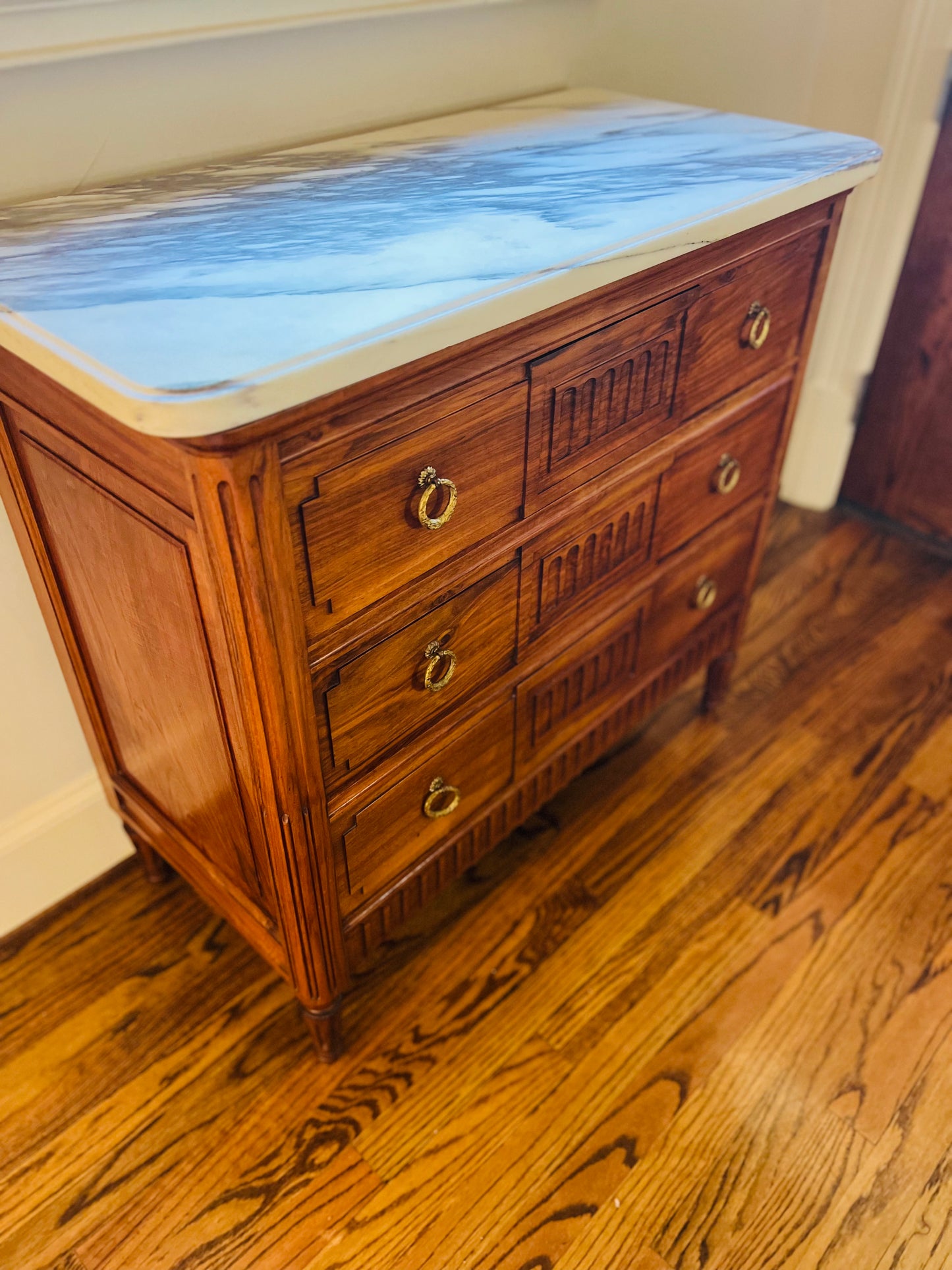 French Louis XVI Style White Marble Top Walnut 3 Drawer Chest - 33 in tall x 35 x 17