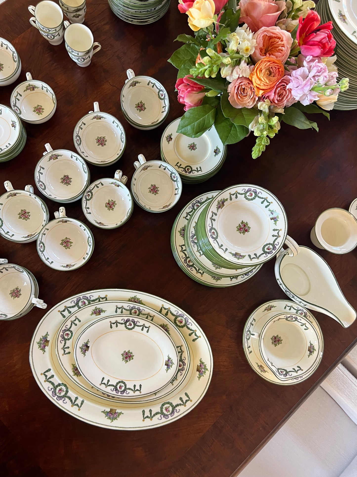 Antique Minton China Dinner Service B840 | Green Swag Floral Pattern | 18+ Place Settings | Circa 1905